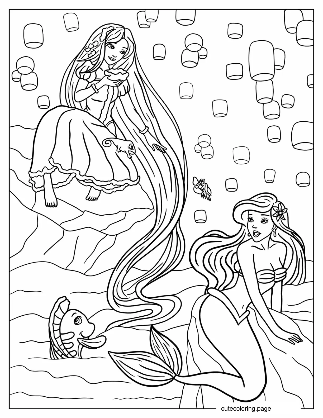 Princess Rapunzel And Ariel coloring Page For Kids coloring page