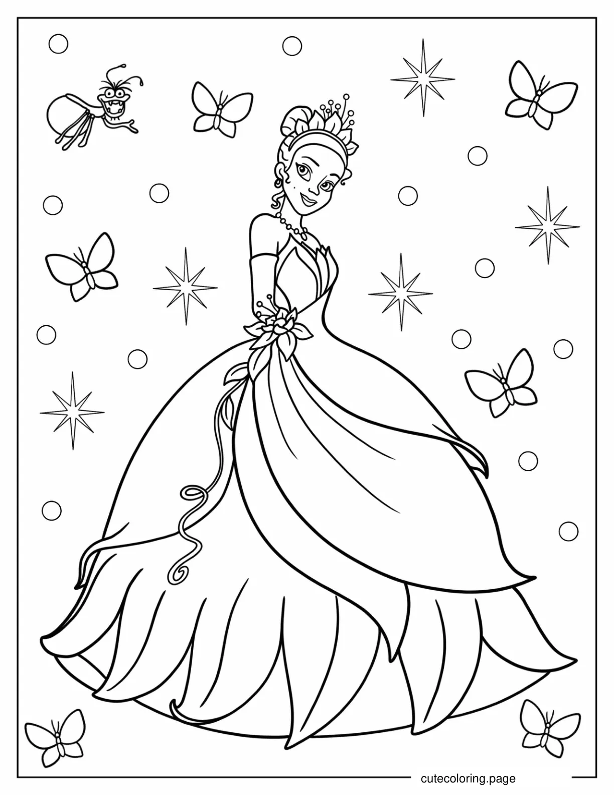 Princess Tiana Surrounded By Insects Coloring Sheet coloring page