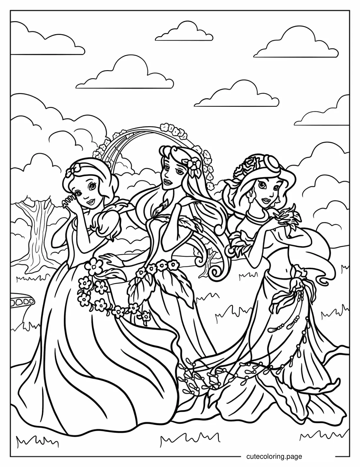 Snow White Aurora And Jasmine Surrounded With Flowers coloring page