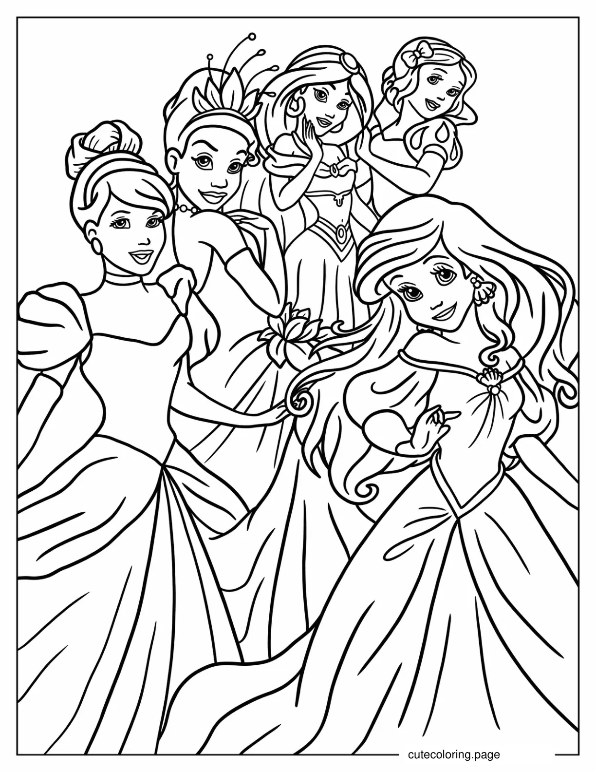 Snow White Jasmine Tiana Cinderella And Ariel Coloring Page coloring page