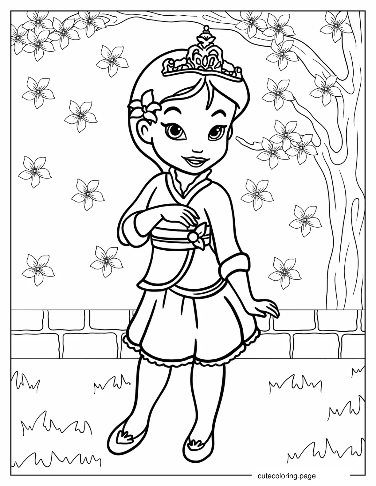 Young Mulan Under Cherry Blossom coloring page