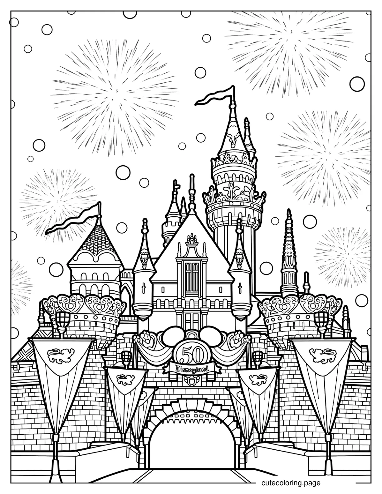 Disneyland Castle And Fireworks On 50th Anniversary Coloring Page coloring page