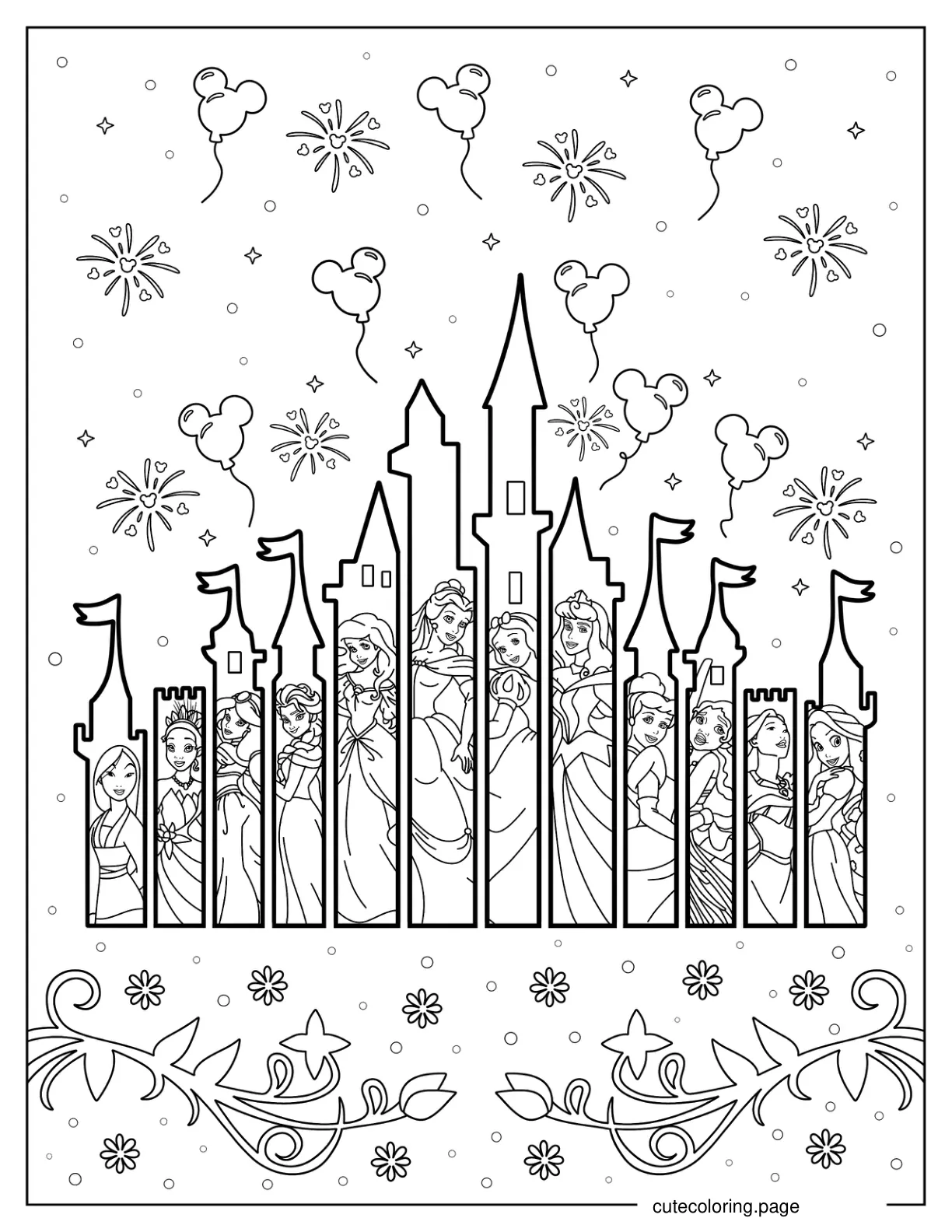 Disneyland Castle Image With Princesses Coloring Sheet coloring page