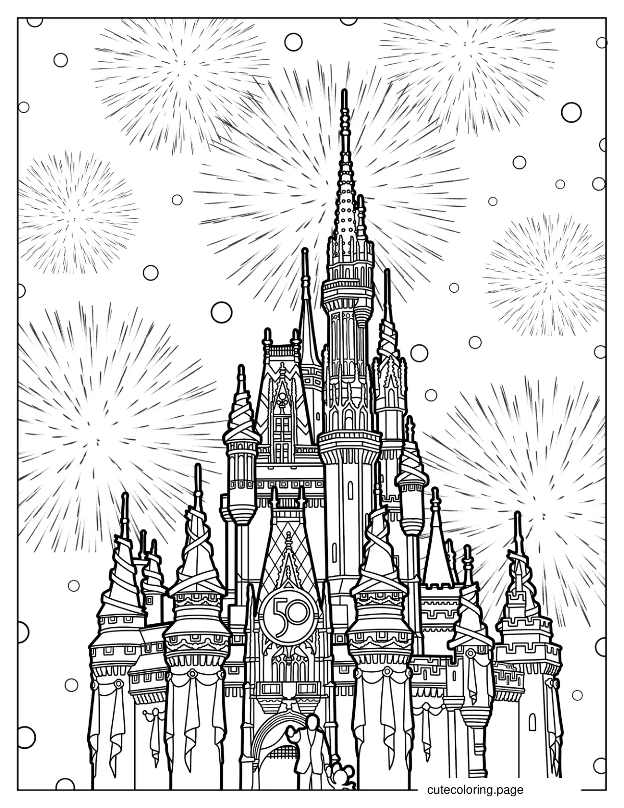 Disneyland Cinderella Castle With Fireworks In Background Coloring Page coloring page