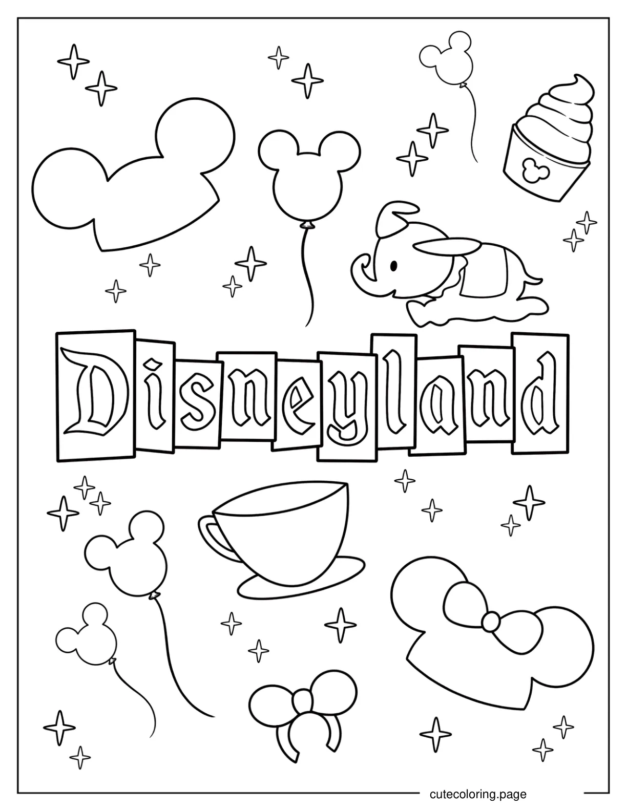 Easy Disneyland Words With Cartoons In Background Coloring Sheet coloring page