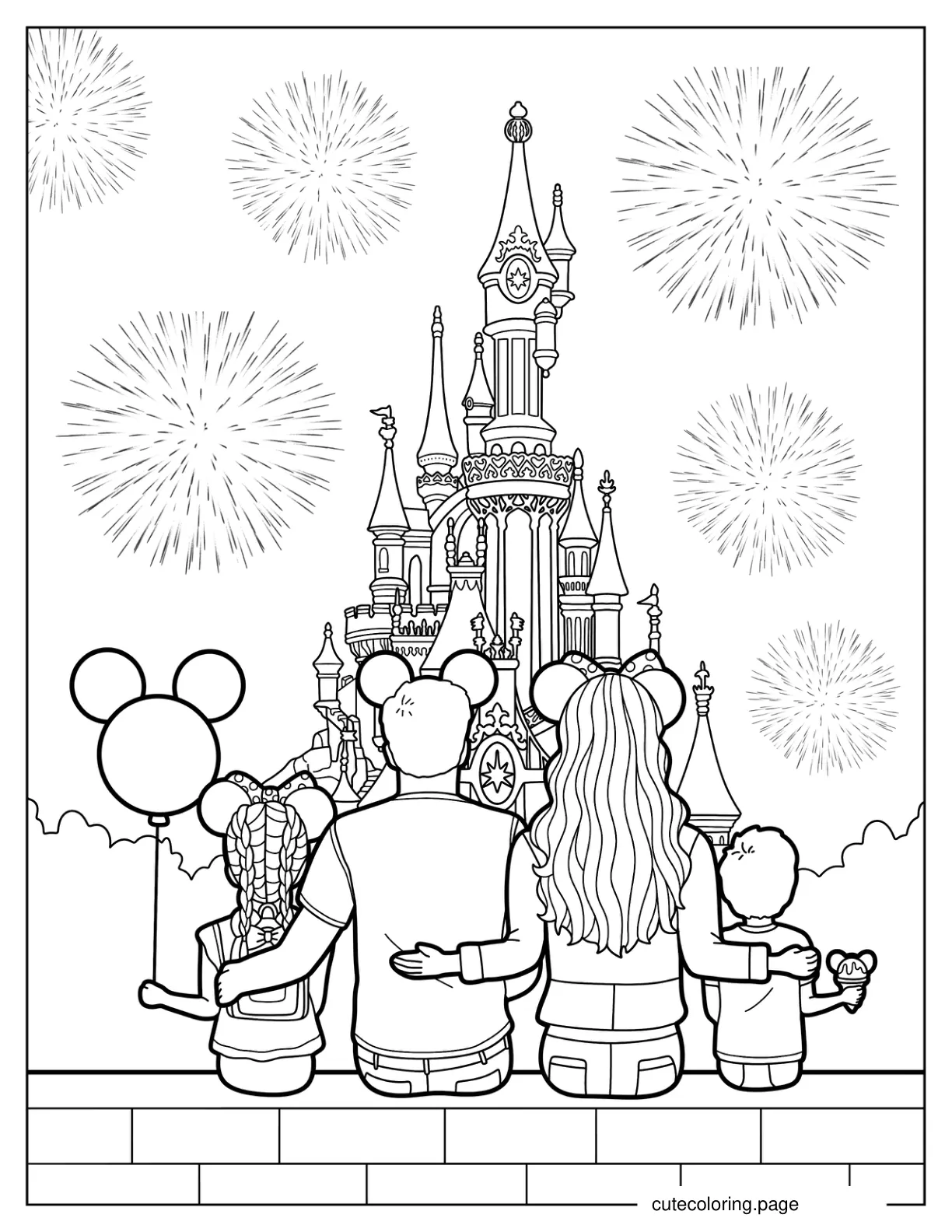 Family Watching Fireworks At Disneyland Coloring Page coloring page