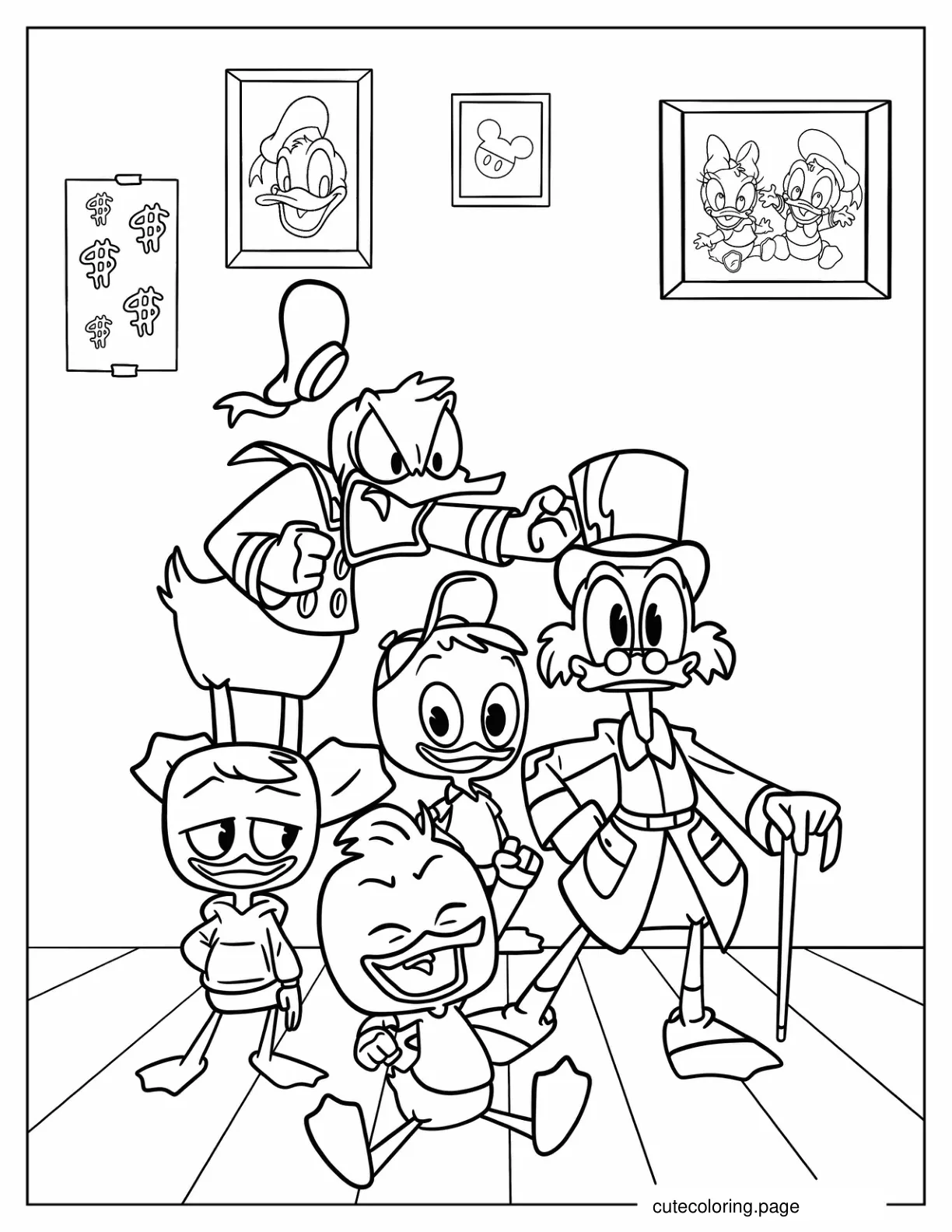 Angry Donald Duck With Dewey Louie Huey And Scrooge McDuck coloring page