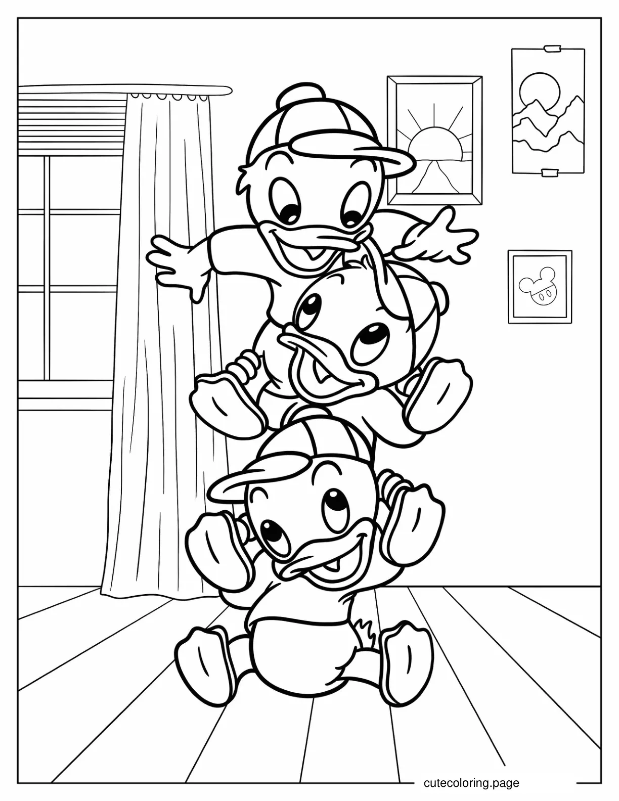 Dewey Louie And Huey Playing Coloring Page For Kids coloring page