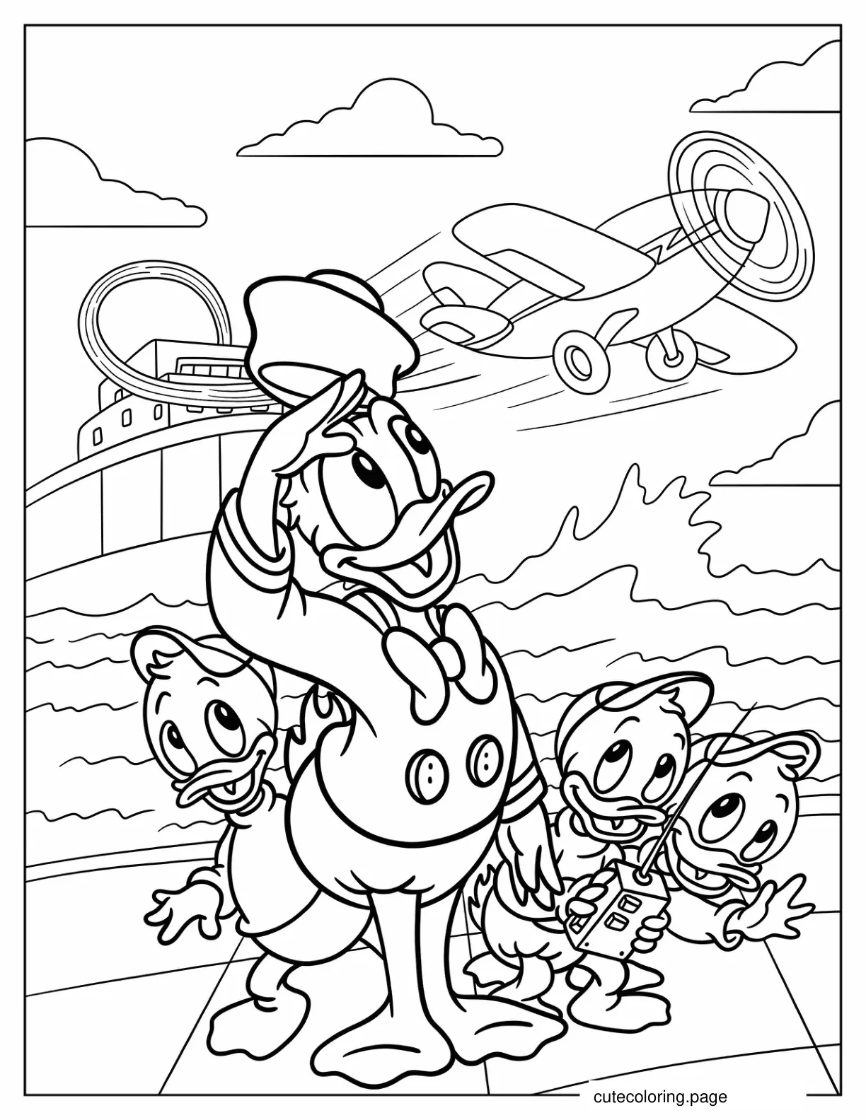 Donald Duck With Huey Louie And Dewey Watching An Airplane From Duck Tales Coloring Page coloring page