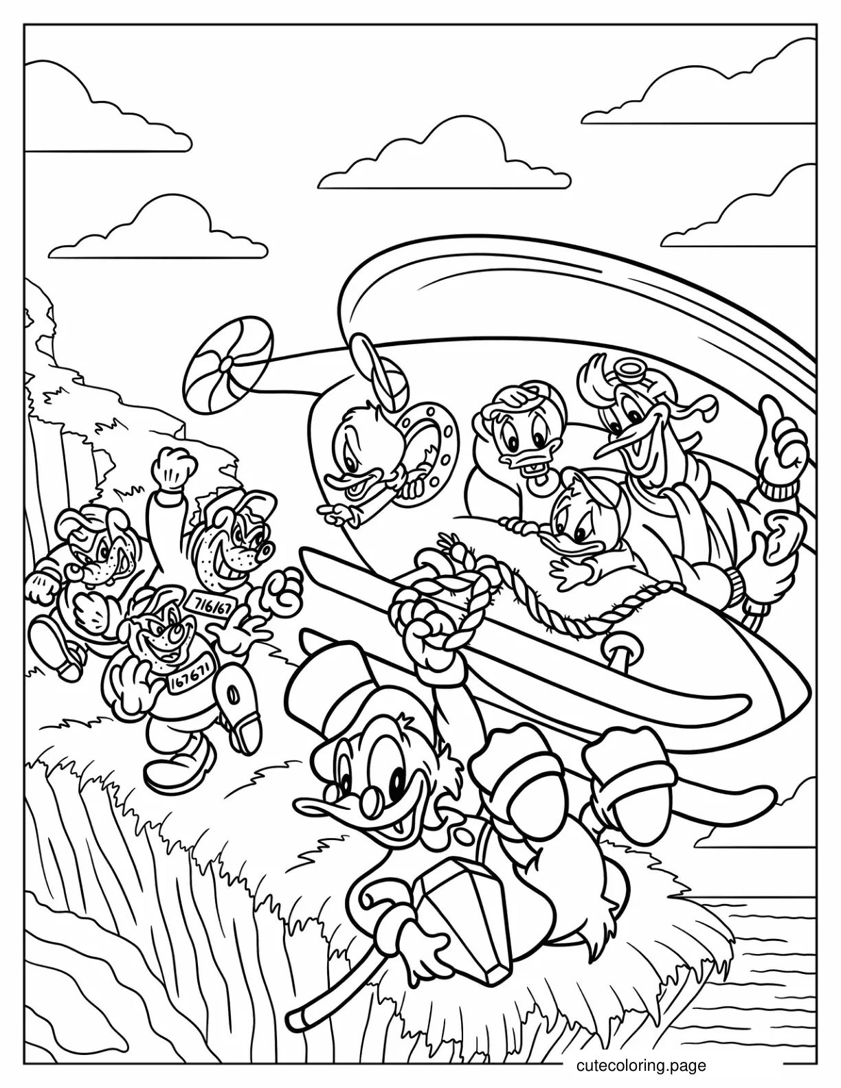 Duck Tales Launchpad Dewey Louie Huey And Scrooge Escape From Bigtime Beagle Coloring Page coloring page