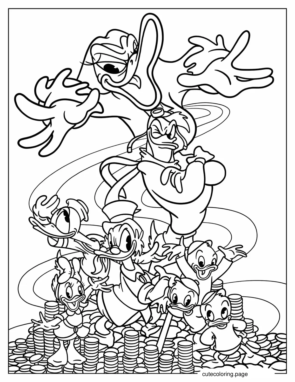 Duck Tales Magica De Spell With Launchpad Donald Dewey Huey Louie Scrooge And Webby coloring page