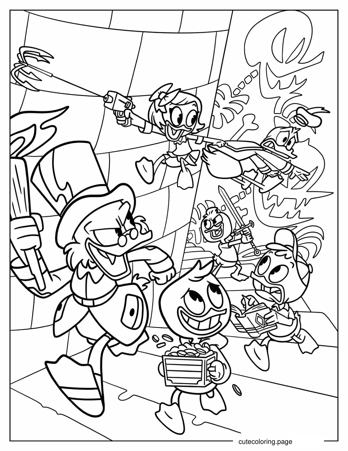 Duck Tales Scrooge McDuck Donald Duck Webby Vanderquack Louie Huey And Dewey Running Away coloring page