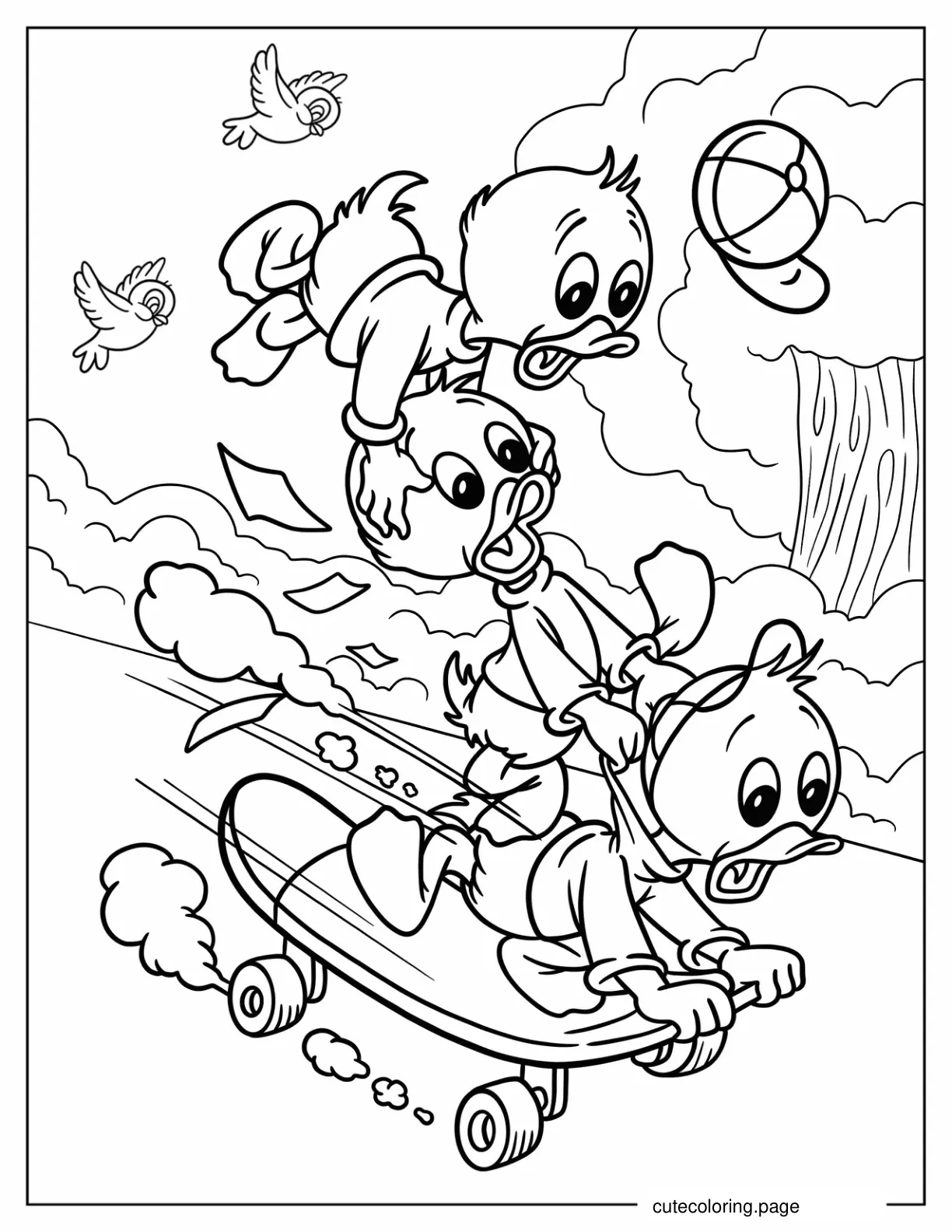 Huey Louie And Dewey Riding A Skateboard Coloring Sheet coloring page