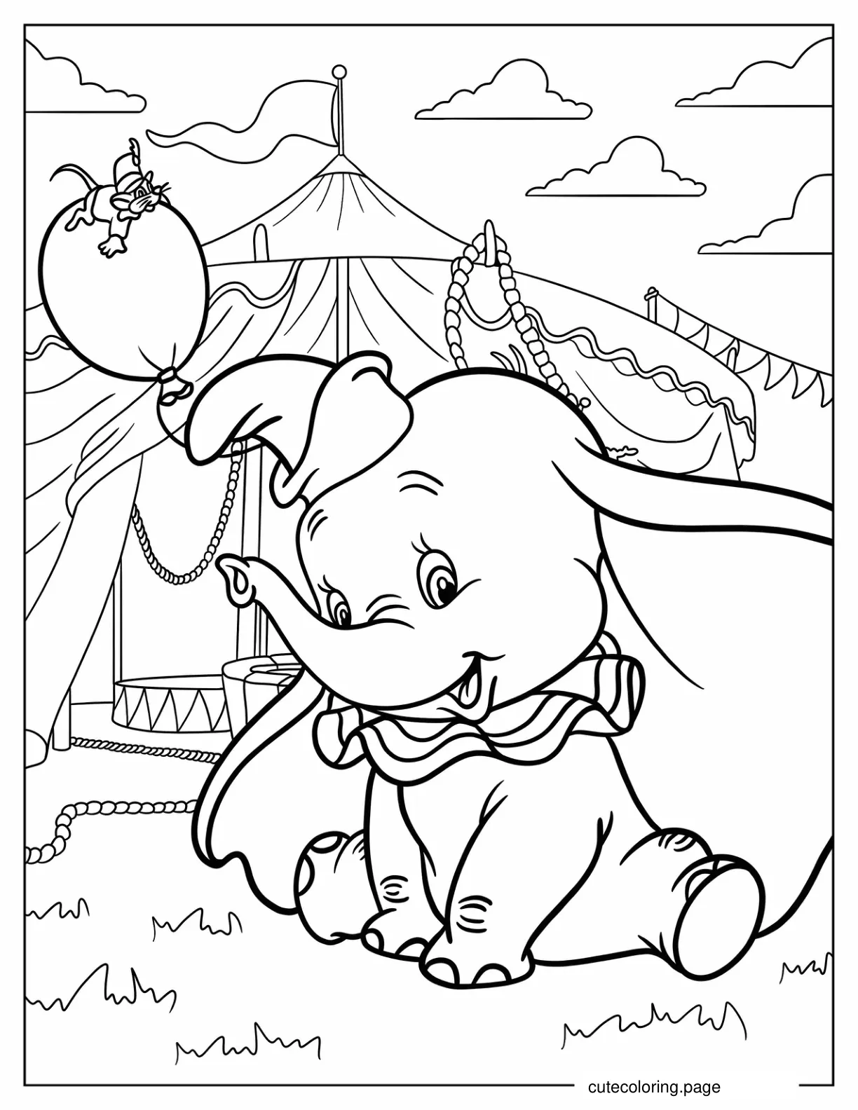 Cute Dumbo Holding Balloon Outside Circus Tent Coloring Sheet For Kids coloring page