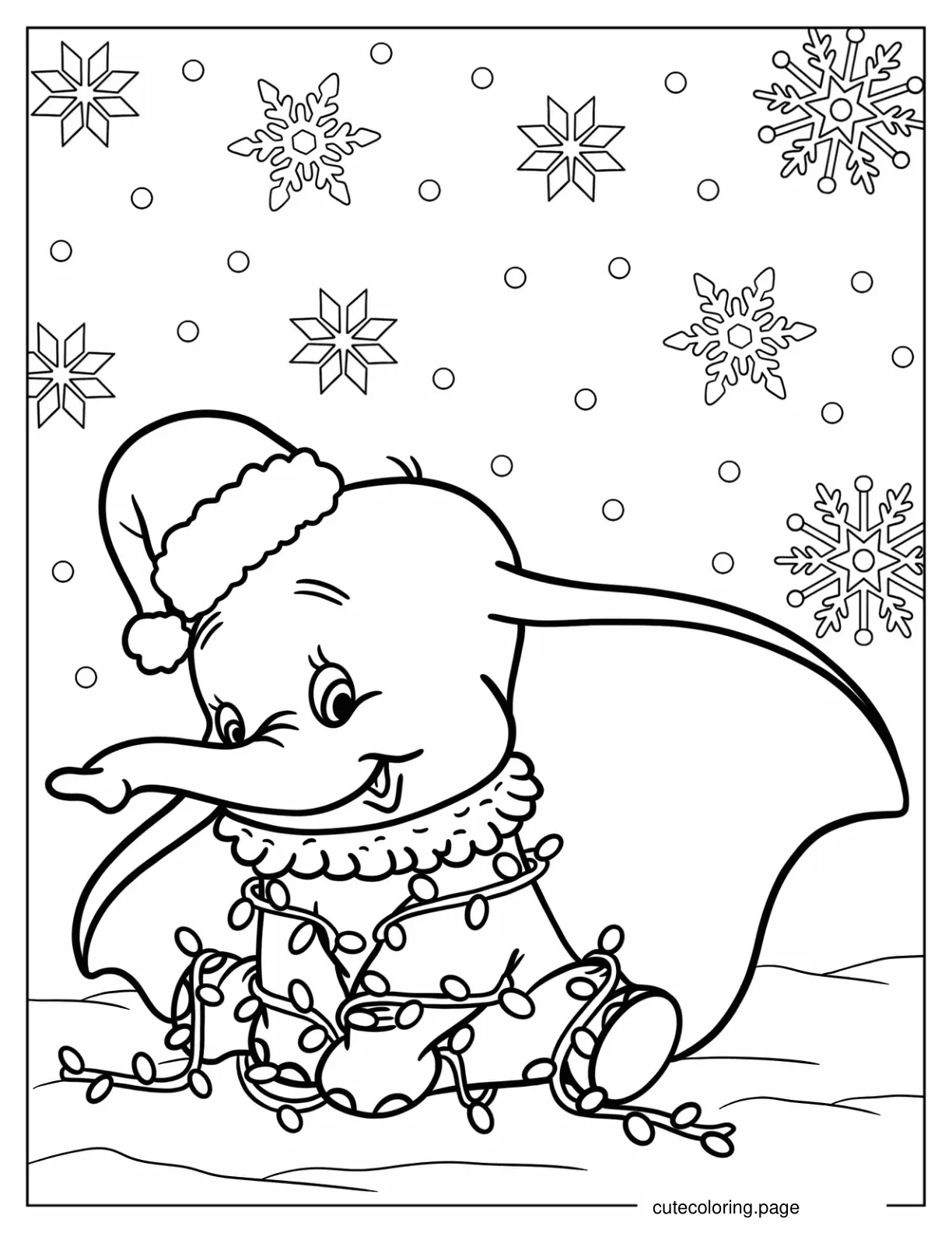 Cute Dumbo Wearing Santa Hat And Covered In Christmas Lights coloring page