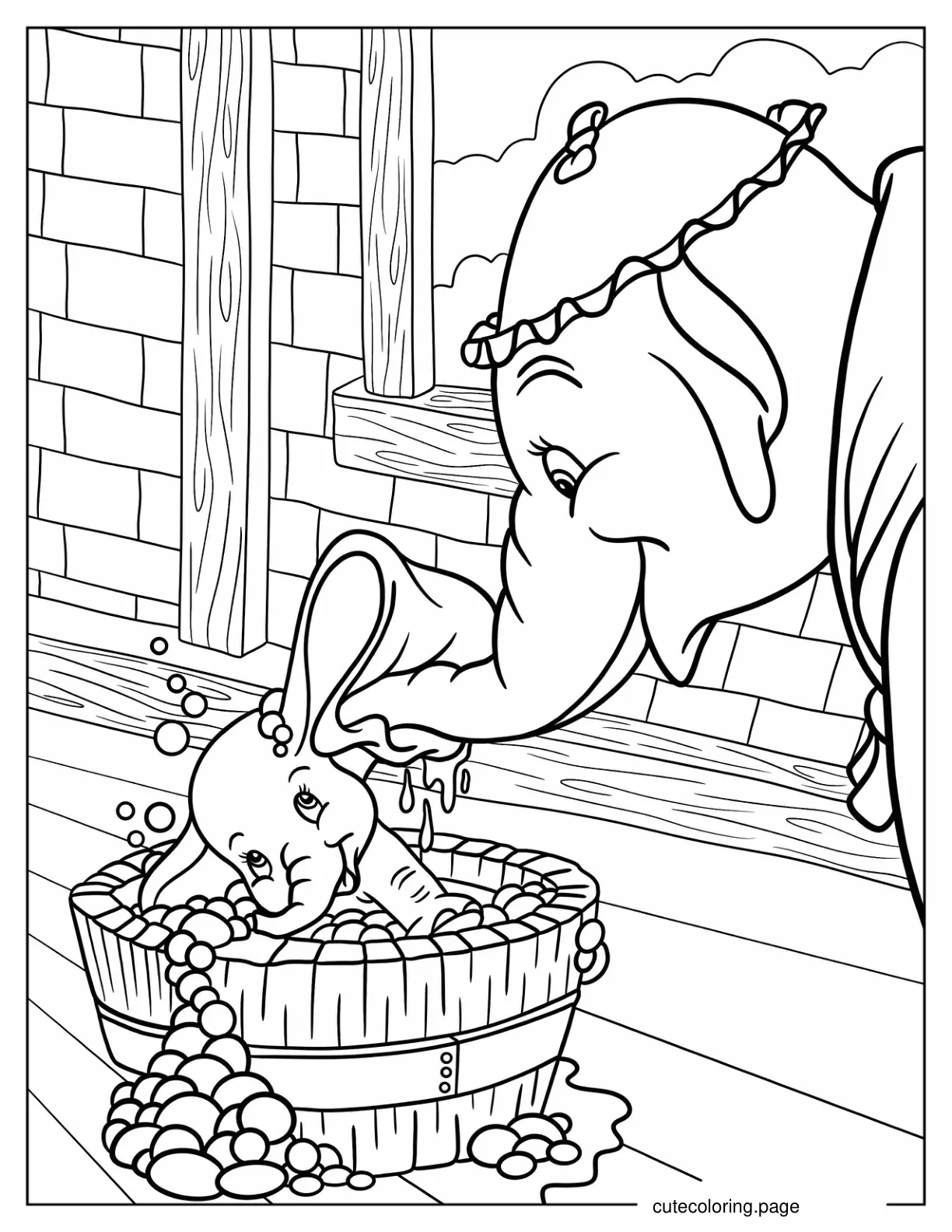 Detailed Mrs. Jumbo Bathin Baby Dumbo Coloring Page coloring page