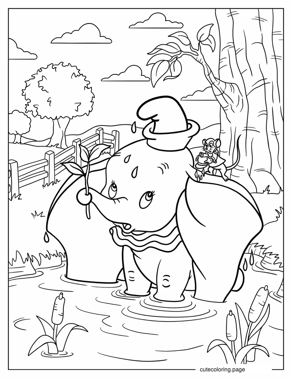 Dumbo And Timothy Mouse Bathing In Pond coloring page