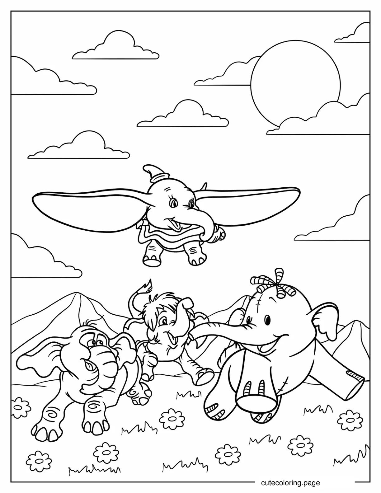 Dumbo Flying In The Sky While Friends Run In The Field coloring page