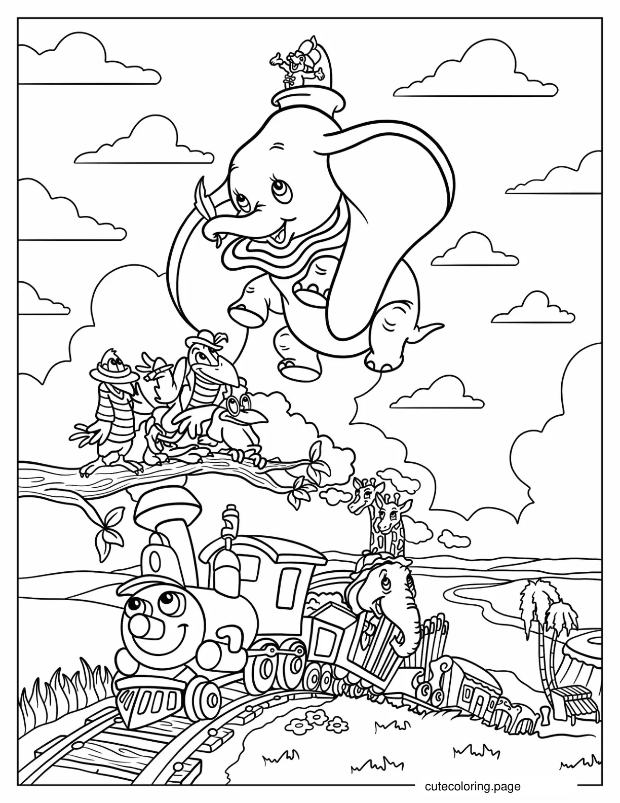 Dumbo Flying Over Circus Train With Animal Friends Coloring Sheet coloring page