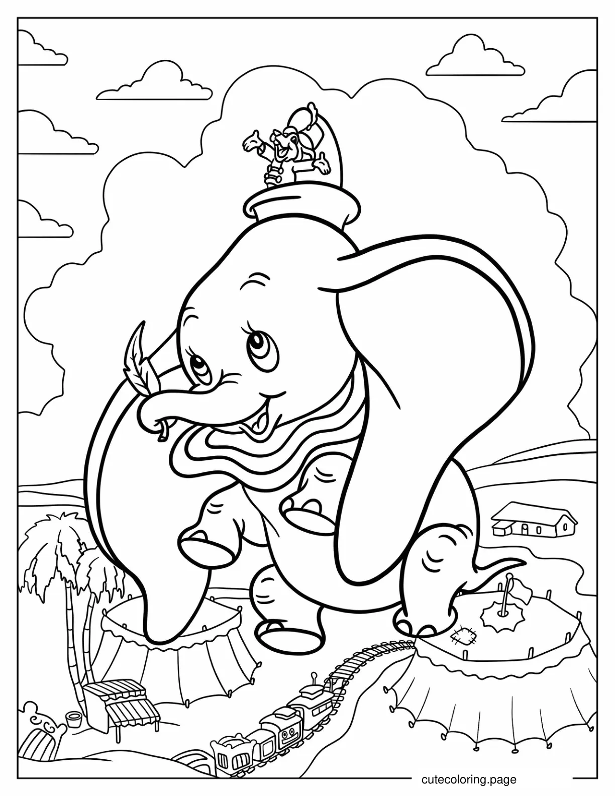 Dumbo Flying Over Circus With Timothy Mouse Coloring Page coloring page