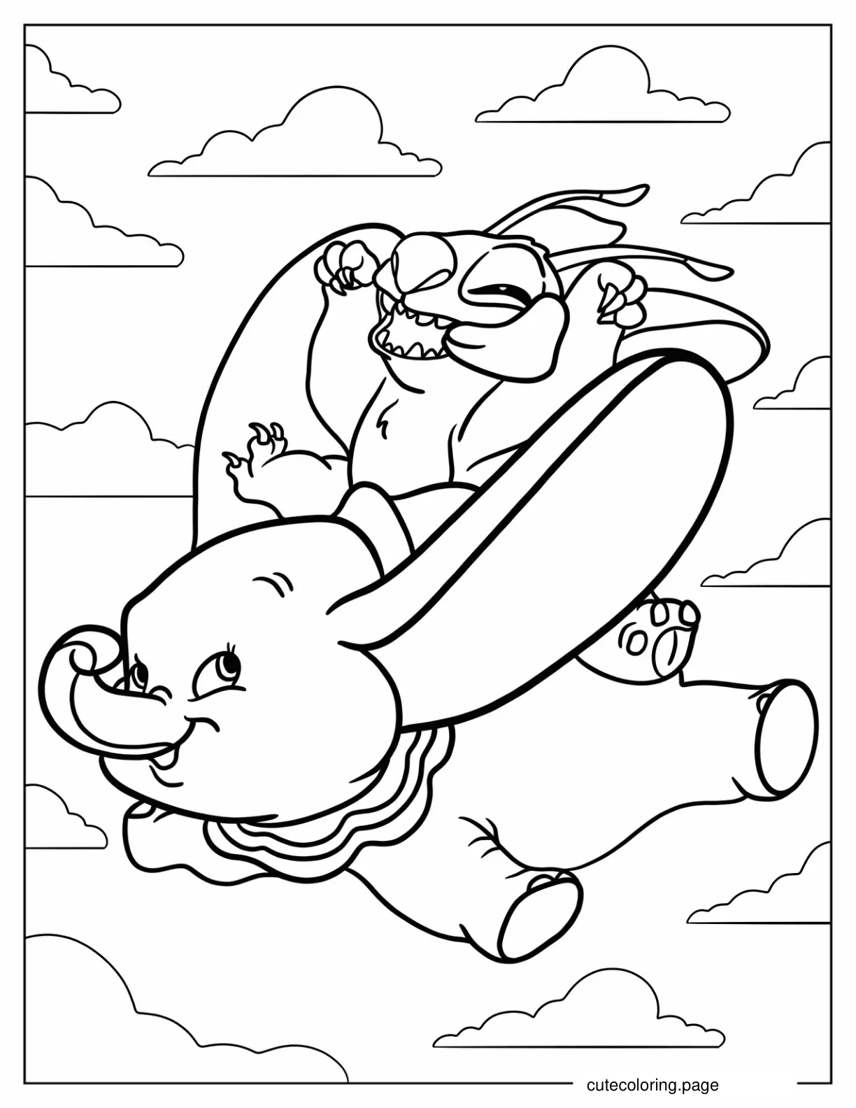 Dumbo Flying With Stitch On His Back Coloring Sheet coloring page