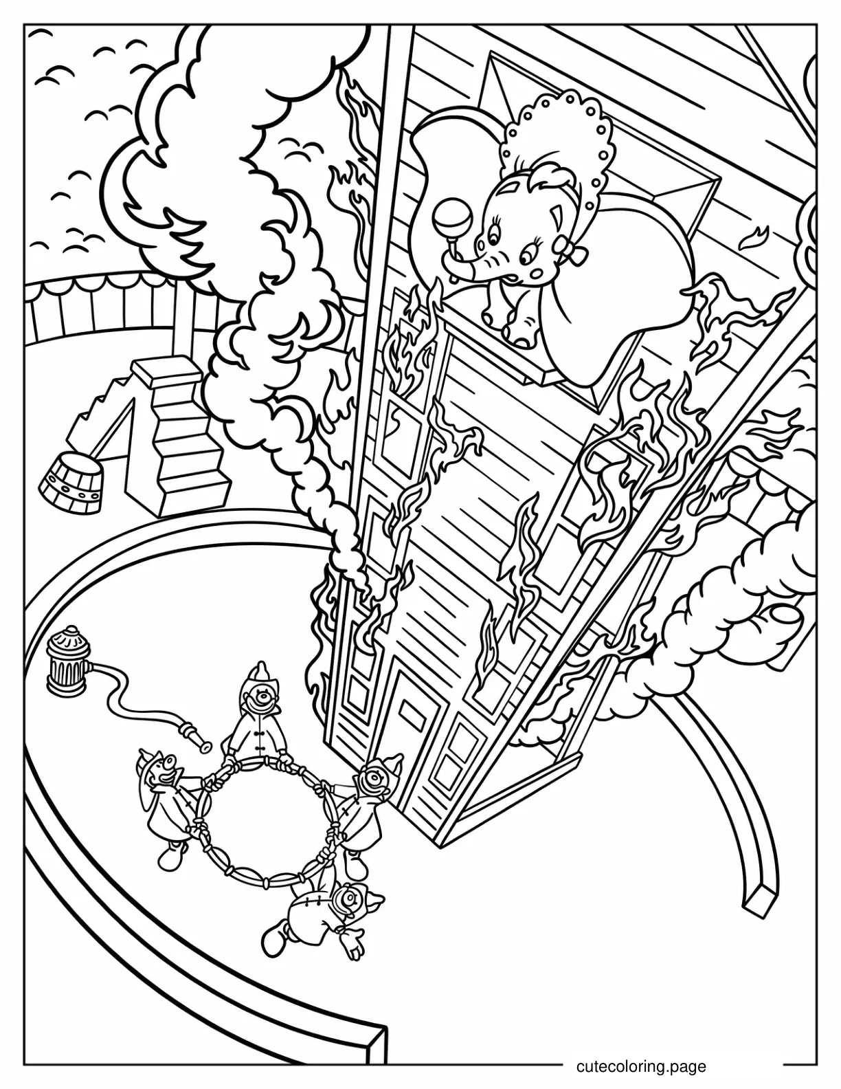 Dumbo Jumping From Burning Tower In Circus coloring page