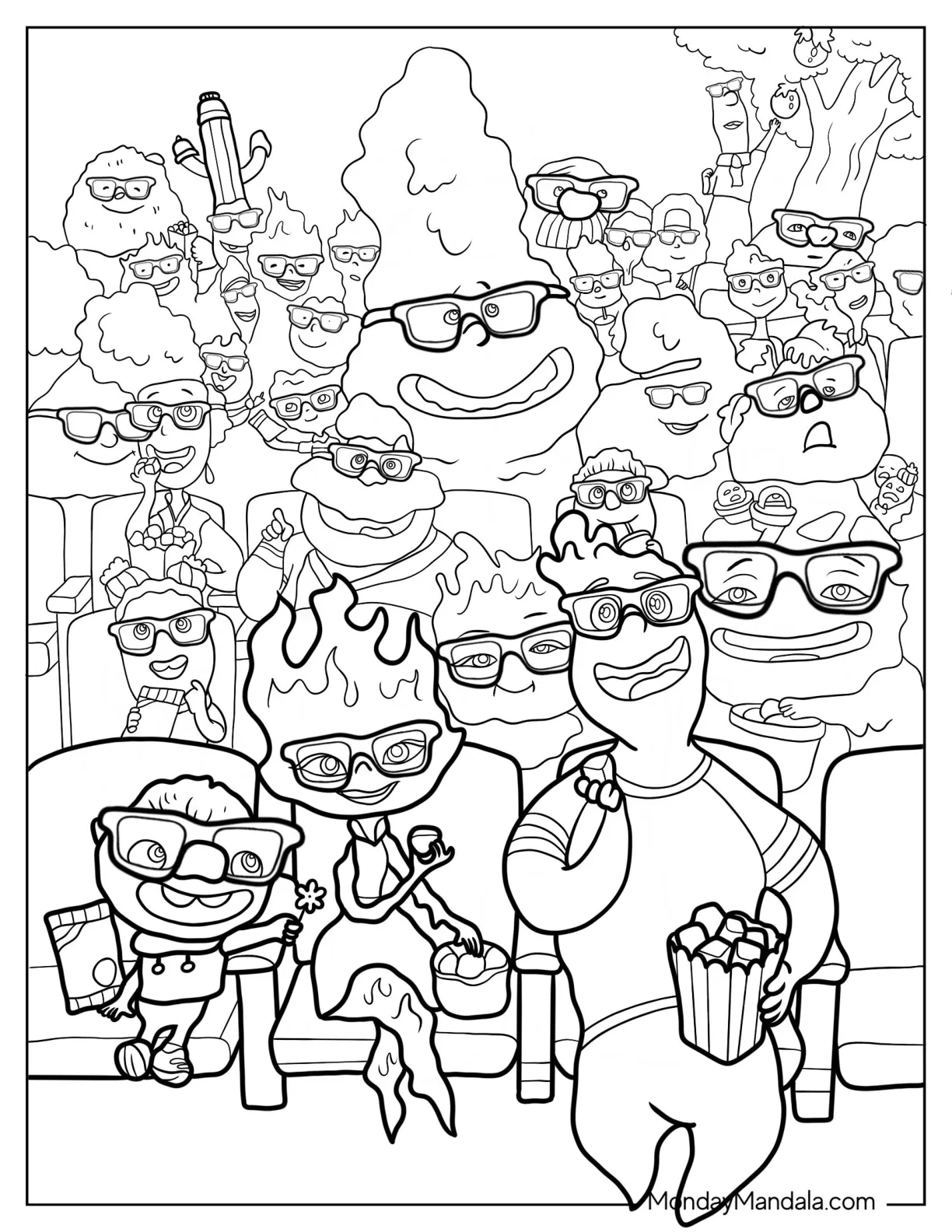 Elemental Characters Watching Movie In Theater coloring page