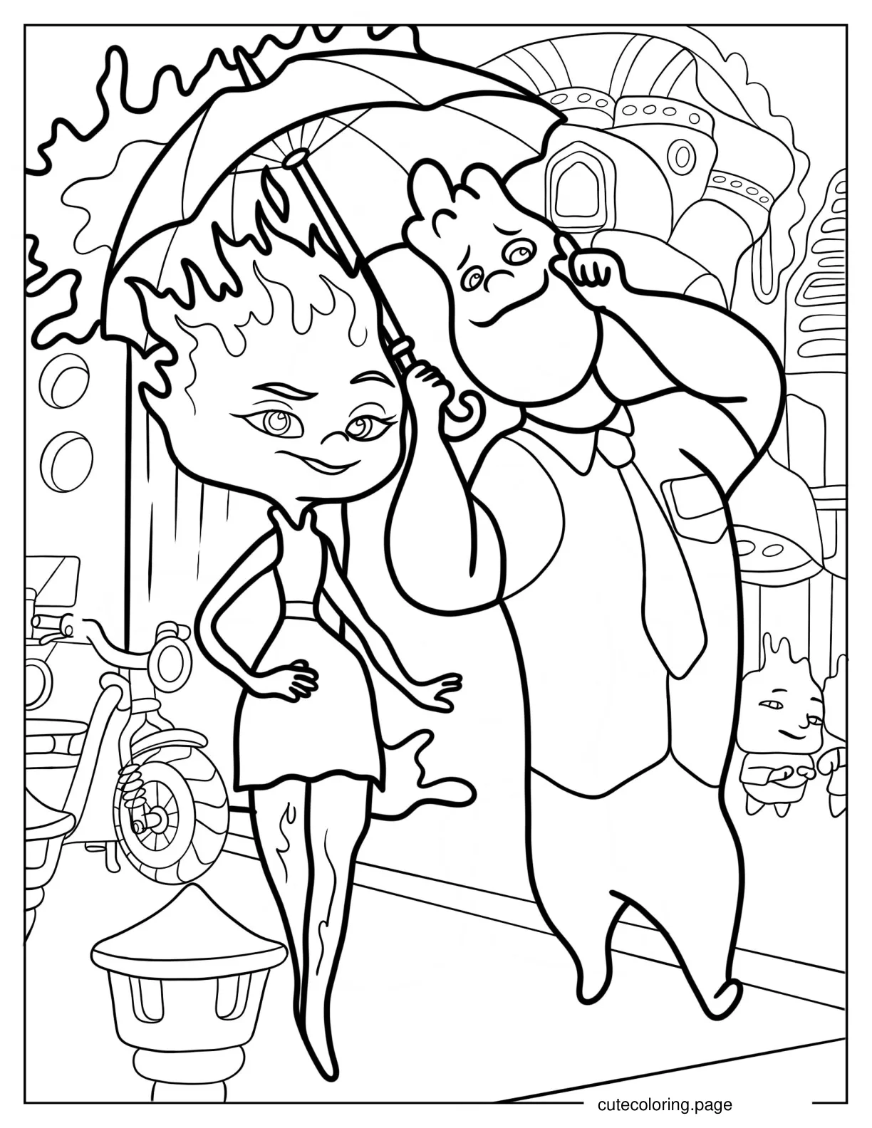 Elemental Ember And Wade Sharing Umbrella Coloring Page coloring page