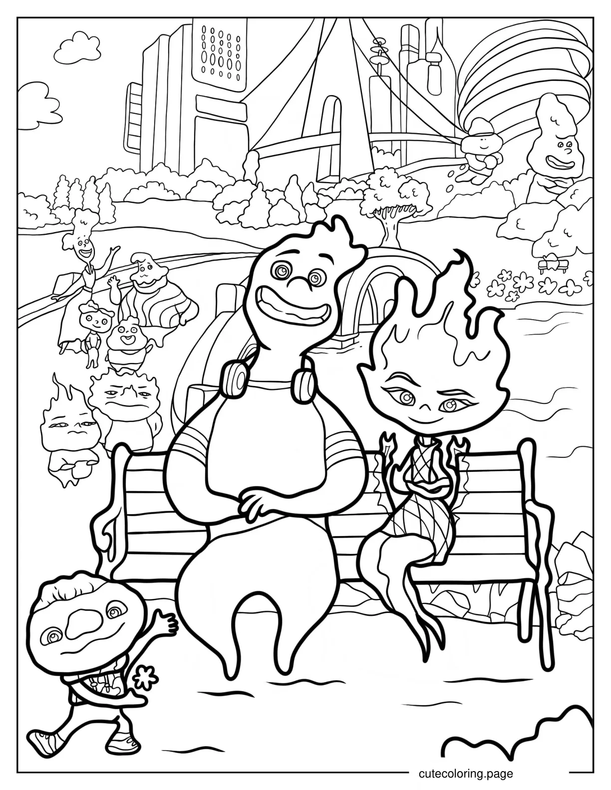 Elemental Wade And Ember Sitting On Park Bench coloring page