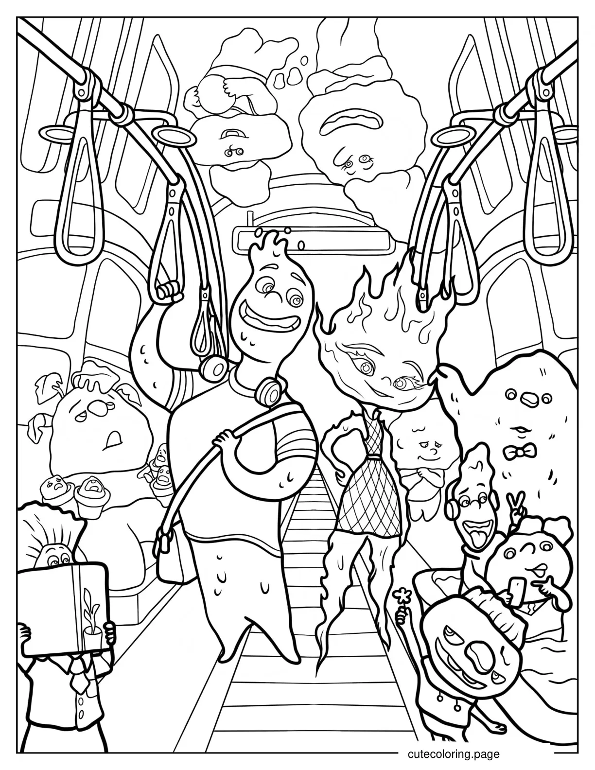 Wade And Ember Riding Bus In Element City coloring page