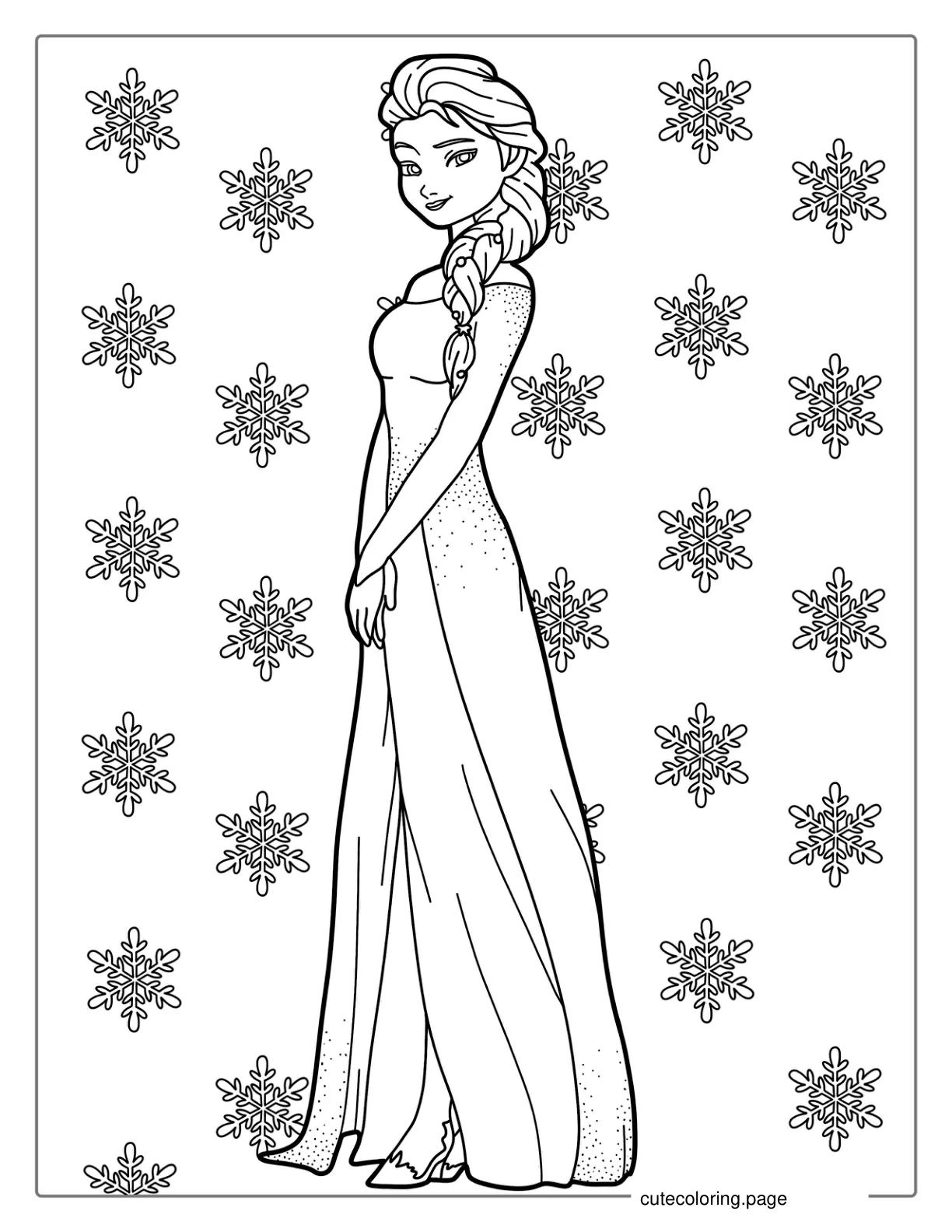 Elsa Stunning Dress With Snowflake Background Coloring Page coloring page