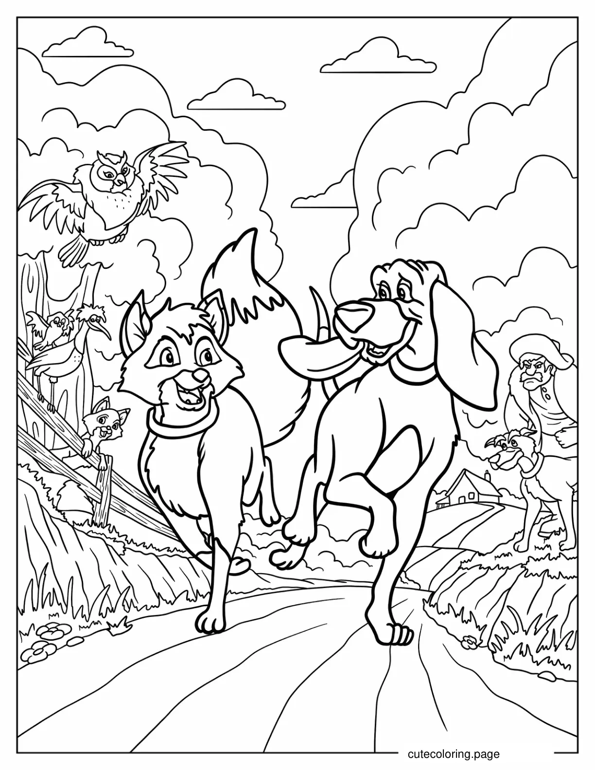 Adult Copper And Todd With Big Mama Amos Chief Vixey Boomer And Dinky coloring page