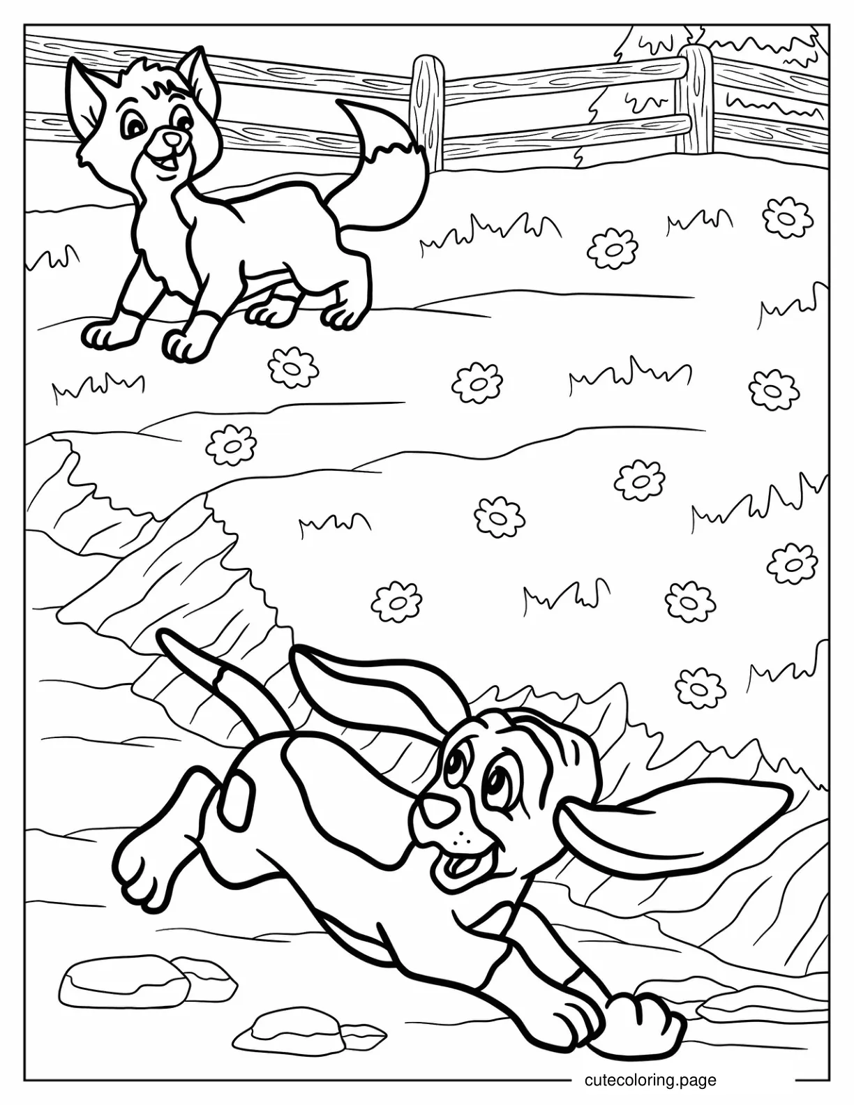 Baby Todd And Copper Playing In The Flower Field Coloring Page coloring page