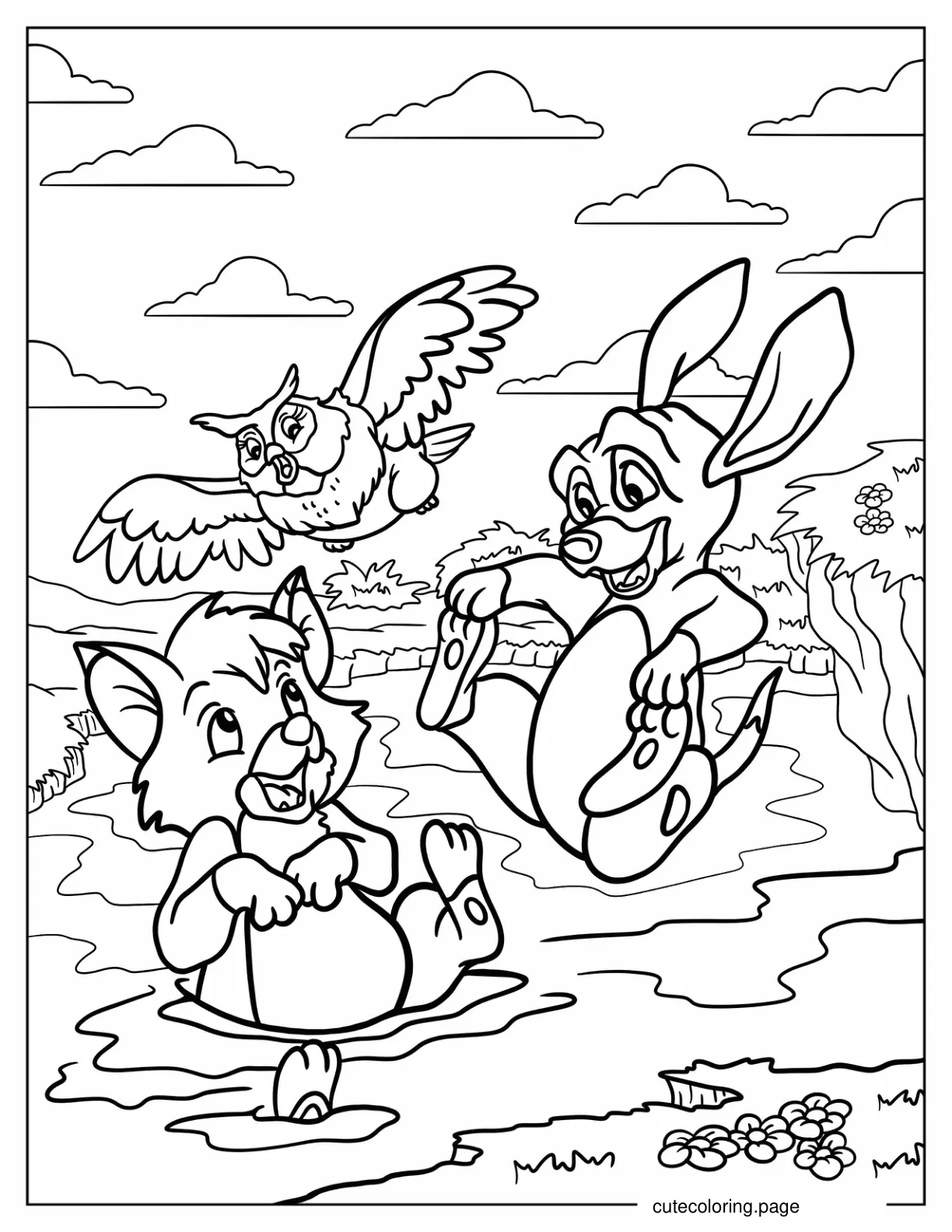 Big Mama Watching Copper Jumping In The Pond With Todd coloring page