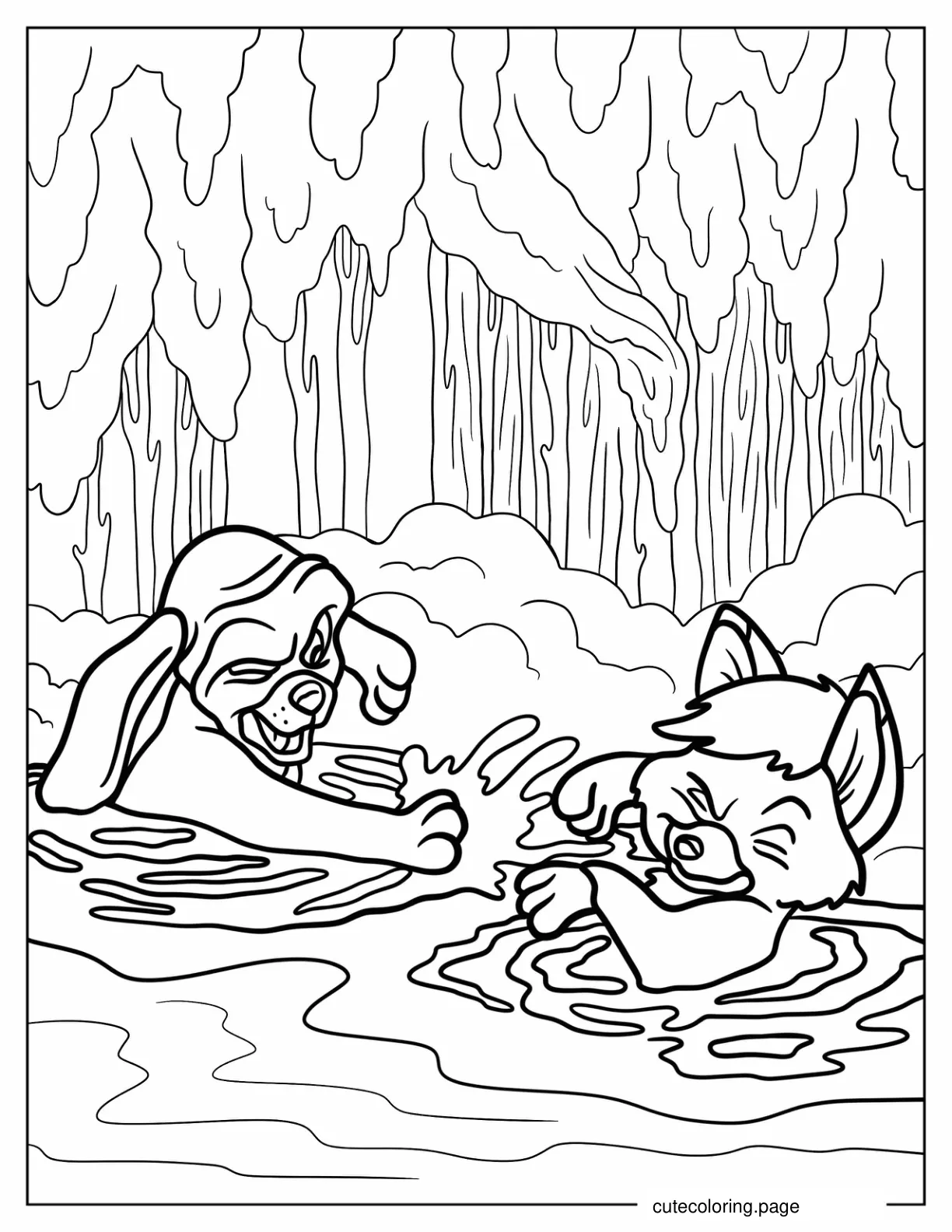 Copper And Tod Playing In The Water coloring page