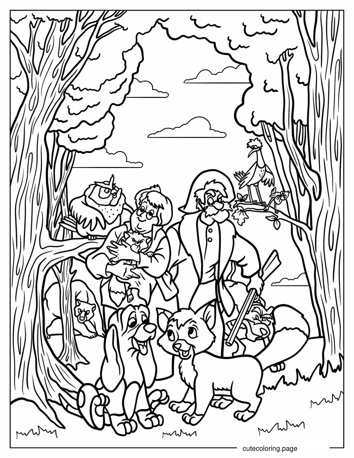 Fox And The Hound With Big Mama Widow Tweed Amos Chief Dinky And Boomer Coloring Page coloring page