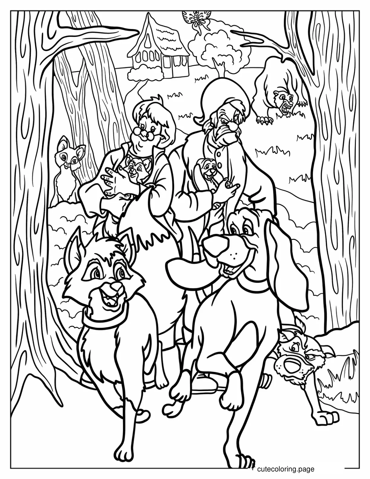 The Fox And The Hound With Amos And Widow Tweed In The Forest coloring page