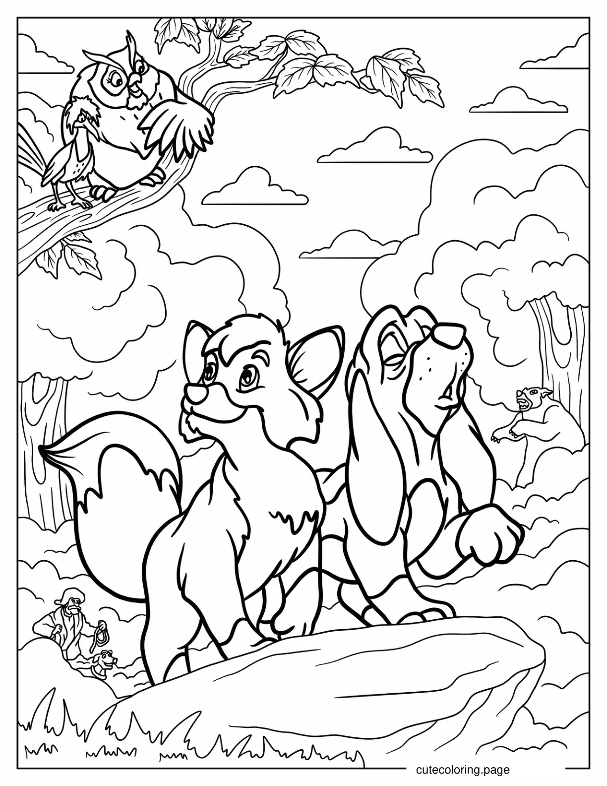 Todd And Copper Howling On A Rock With Big Mama Chief And Amos Slade In The Back coloring page