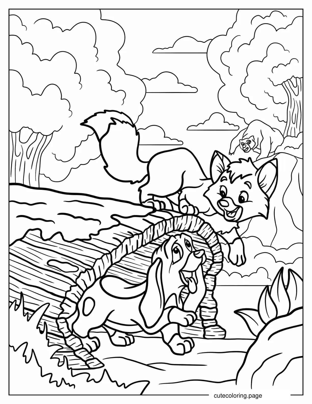 Todd Playing On A Log With Copper coloring page