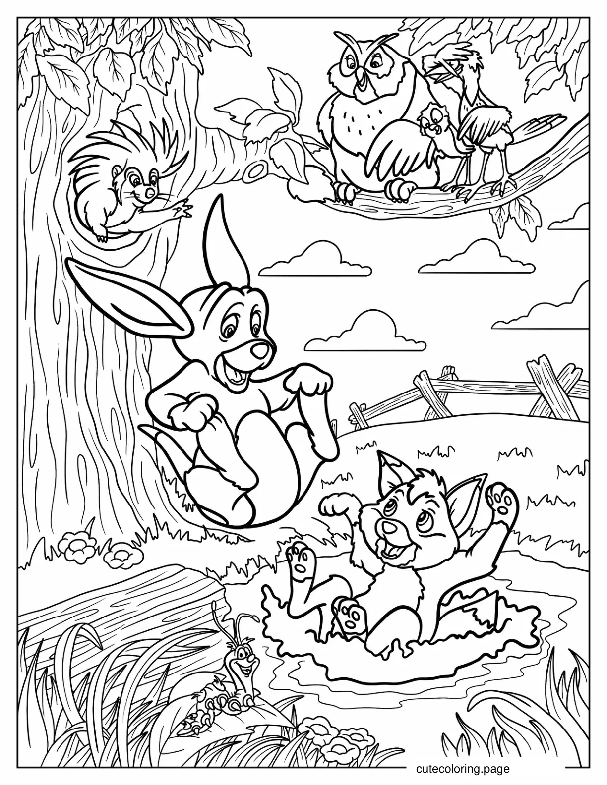 Young Todd And Copper Playing In The Water With Friends Coloring Page coloring page