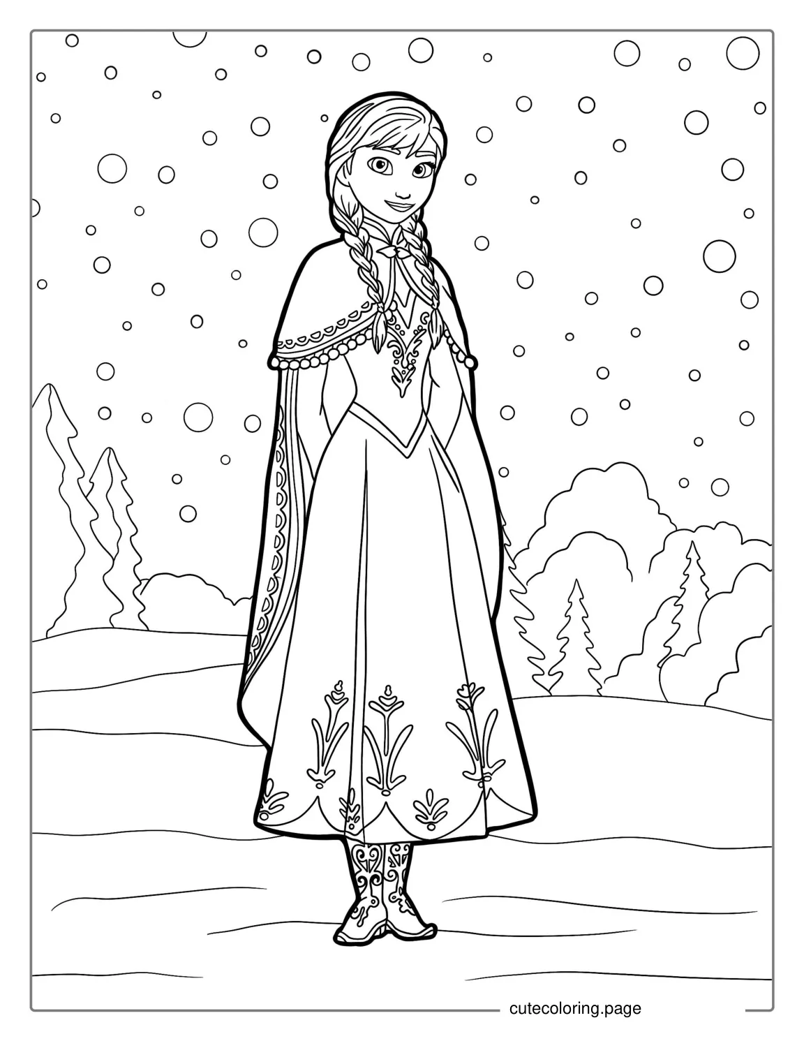 Anna Surrounded By Falling Snow To Color coloring page