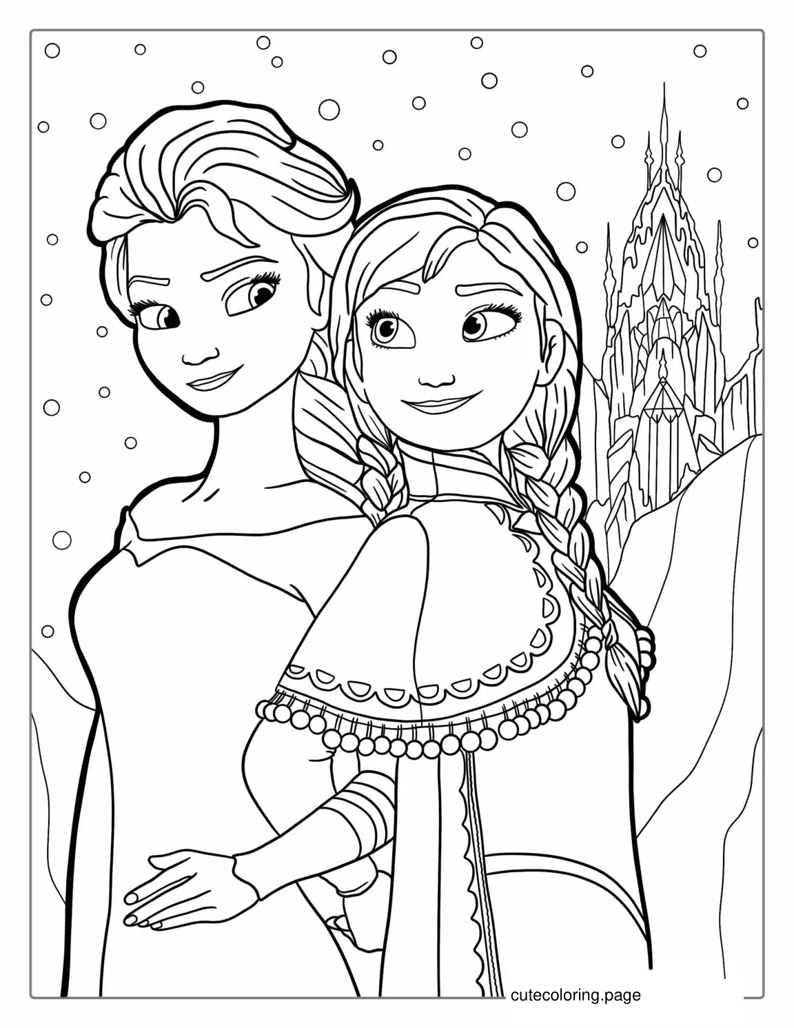 Elsa And Anna With Castle Coloring Sheet coloring page