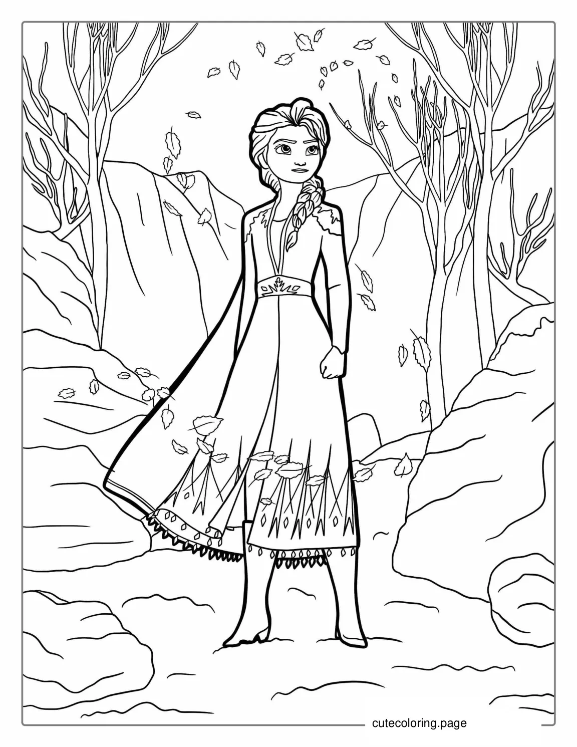 Elsa Standing In Canyon With Swirling Leaves To Color coloring page