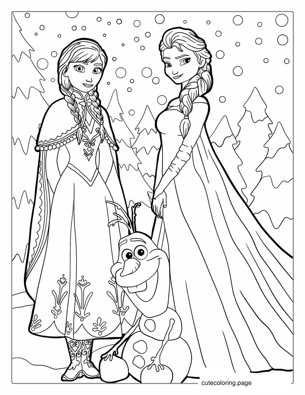 Olaf Elsa And Anna Coloring Page For Kids coloring page