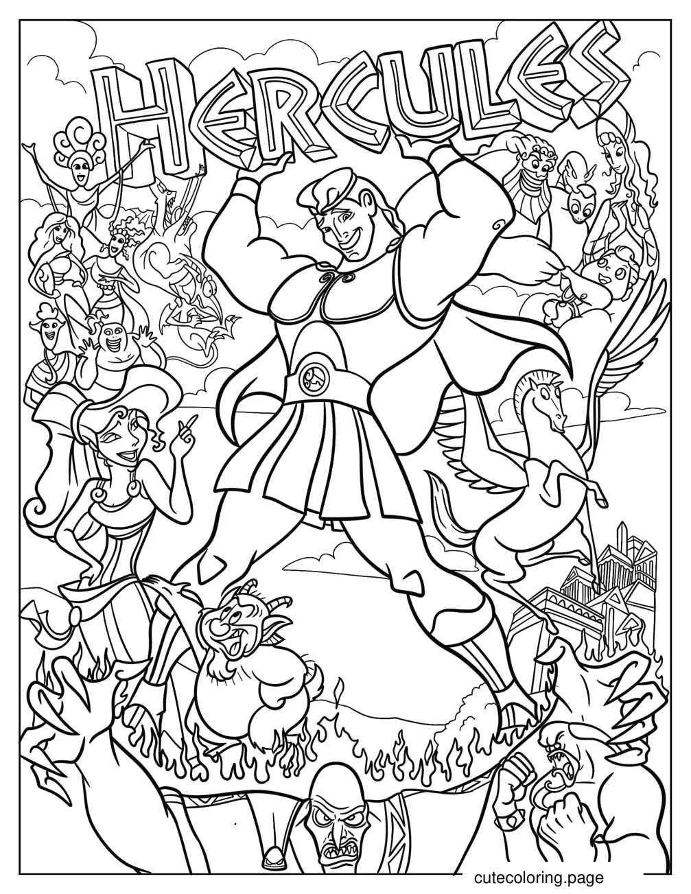 Detailed Hercules Poster With All The Characters coloring page