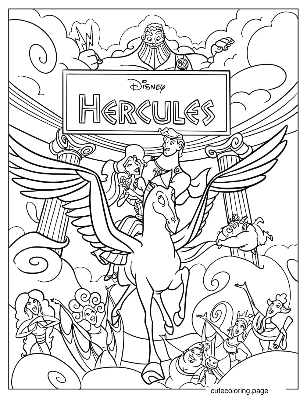 Disney Hercules Poster With Zeus Meg Pegasus And The Muses coloring page