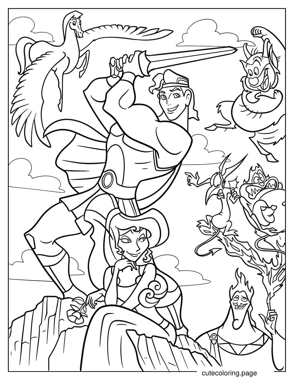 Hercules Meg Pegasus Phil Hades Pain And Panic Coloring Sheet coloring page