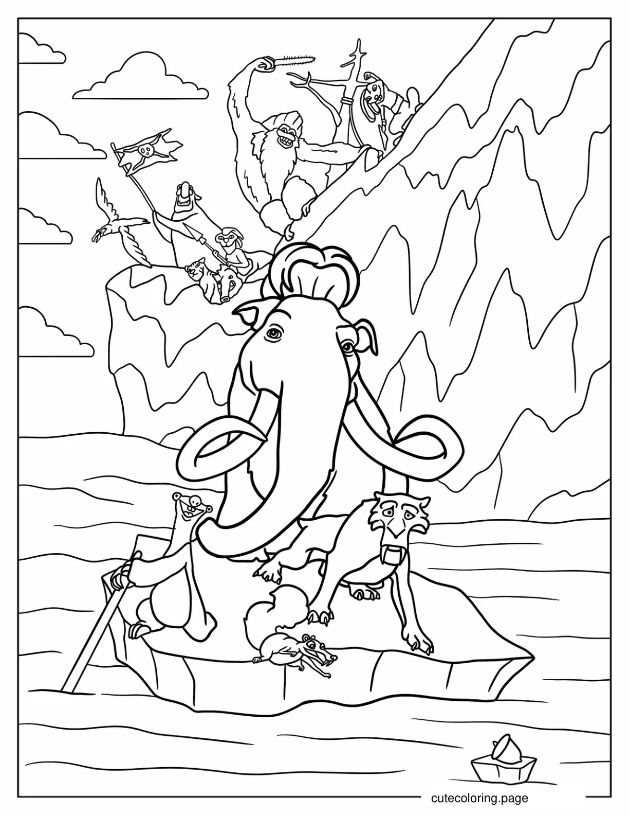 Ice Age Manfred Sid And Diego Floating On Piece Of Ice coloring page