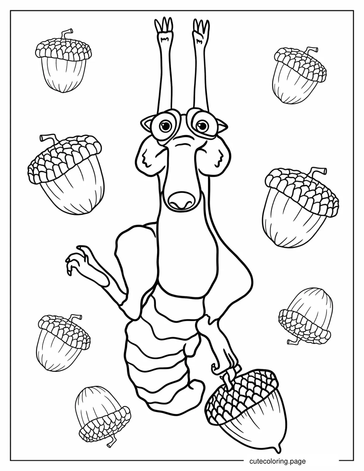 Kawaii Scrat With Acorns In Background Coloring Page coloring page