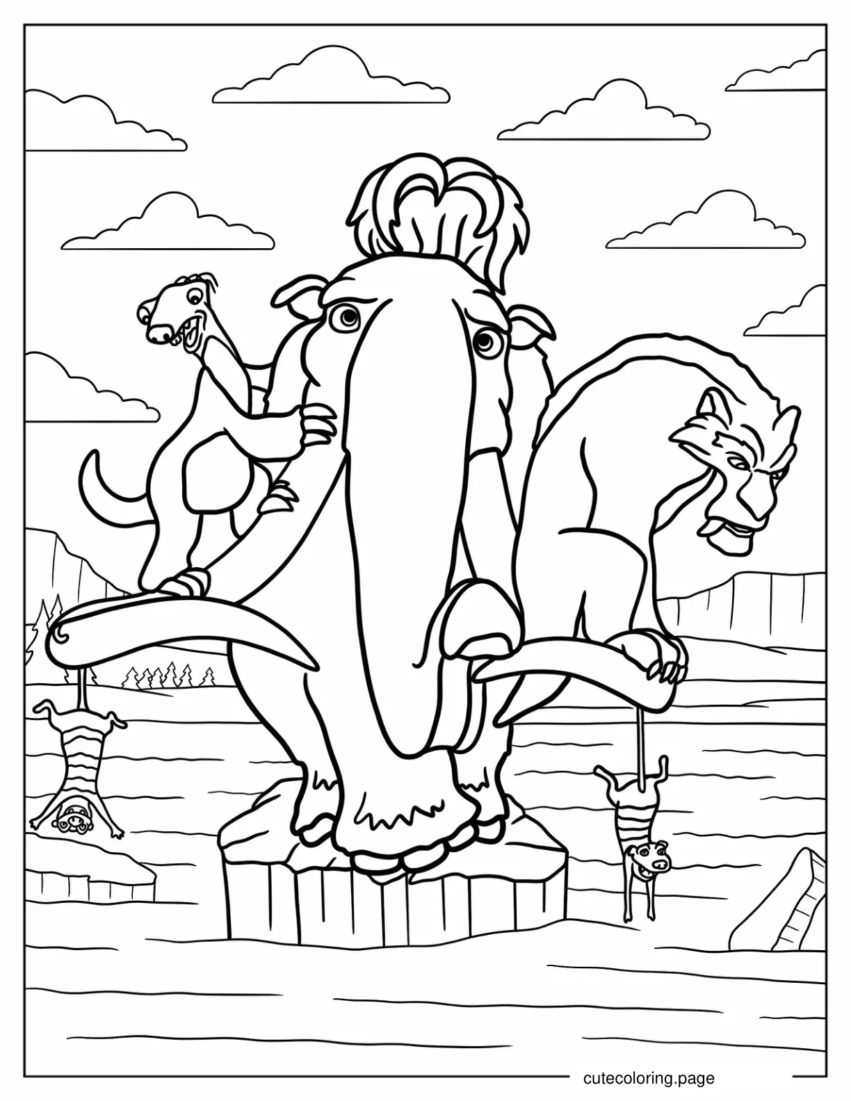 Manfred Sid And Diego Balancing On Piece Of Ice coloring page